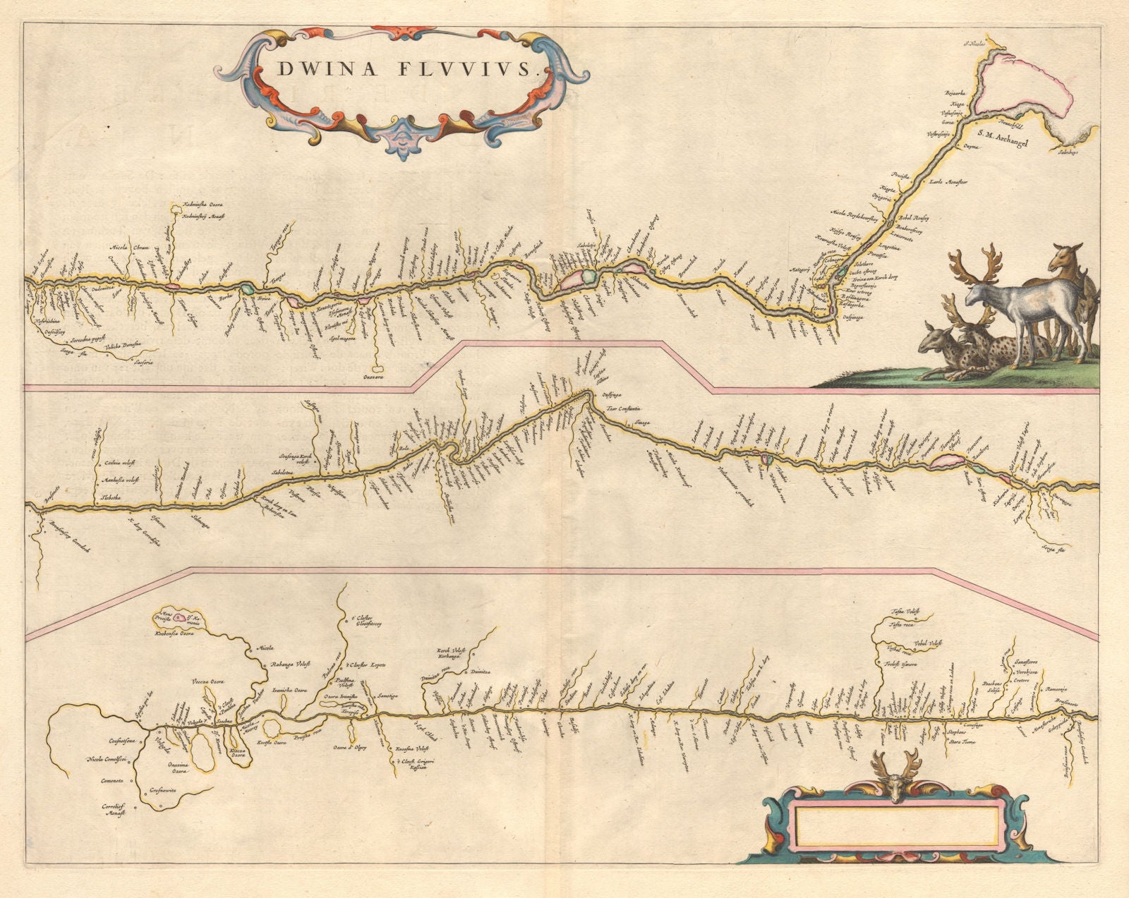 'Dwina Fluvius'. Northern Dvina River, Russia. Archangel. BLAEU c1660 old map